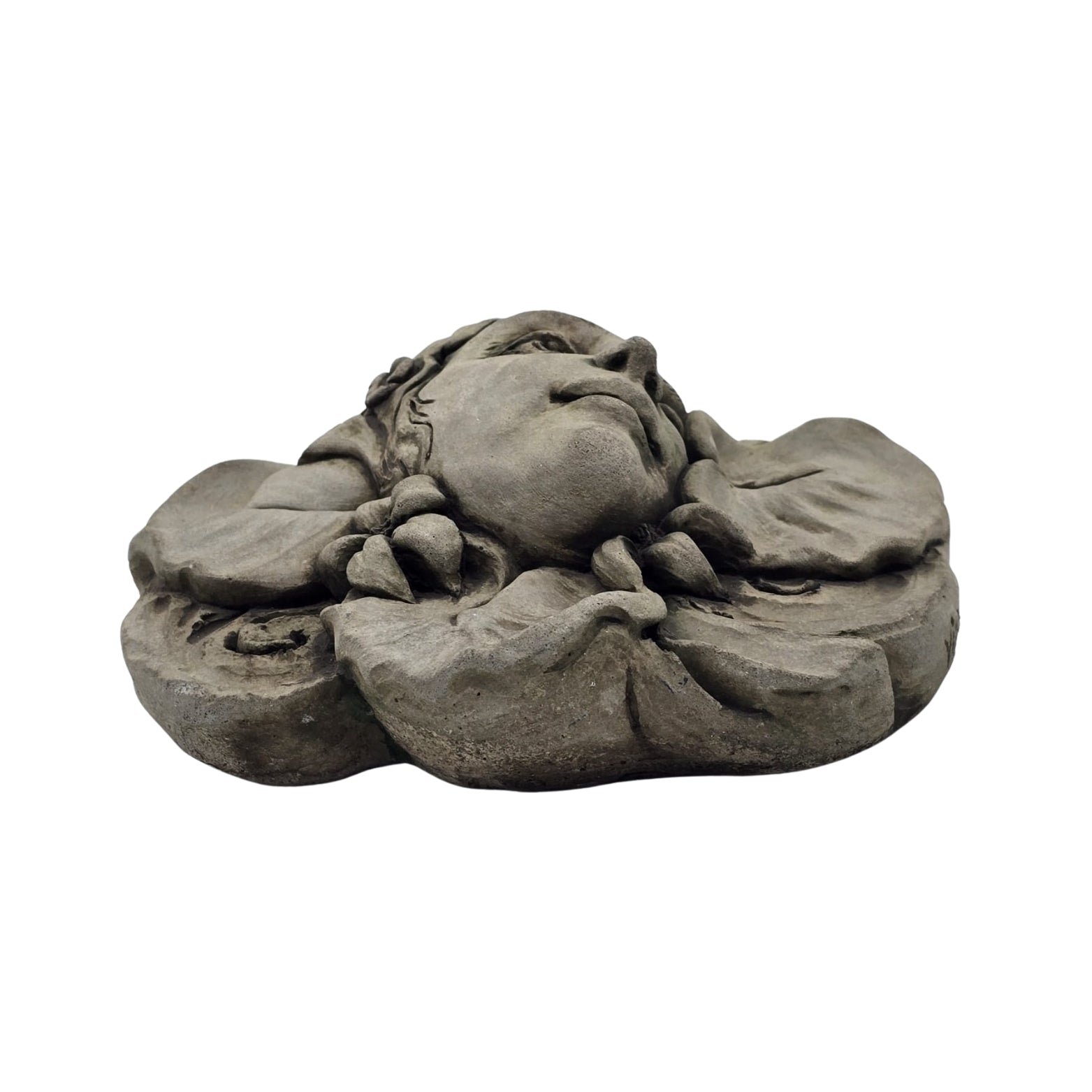 Bottom view of decorative stone wall plaque with face and floral design on white background