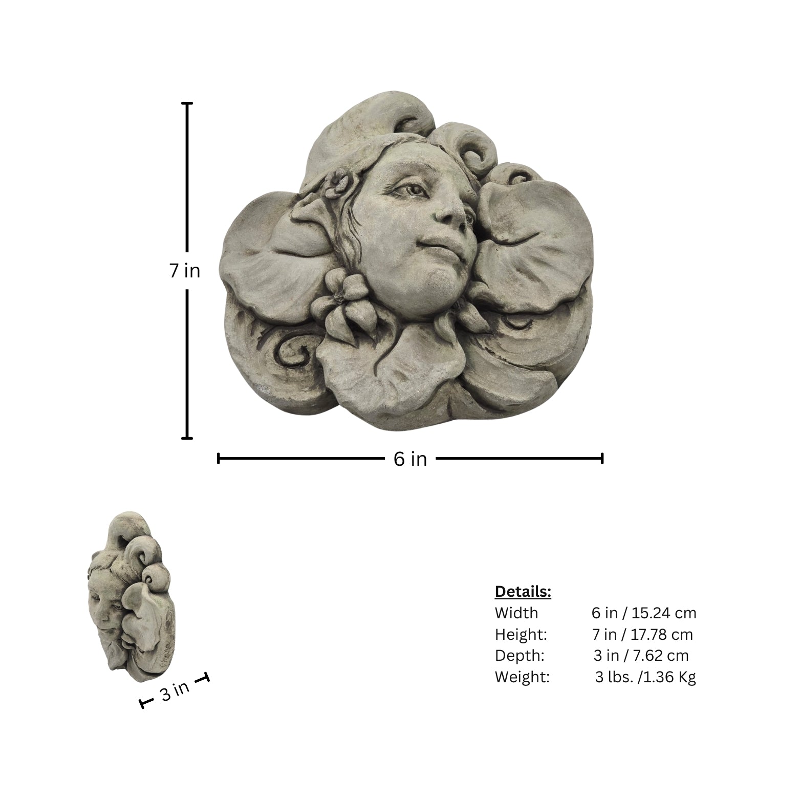 Measurement page of decorative wall stone panel with face and floral design on a white background