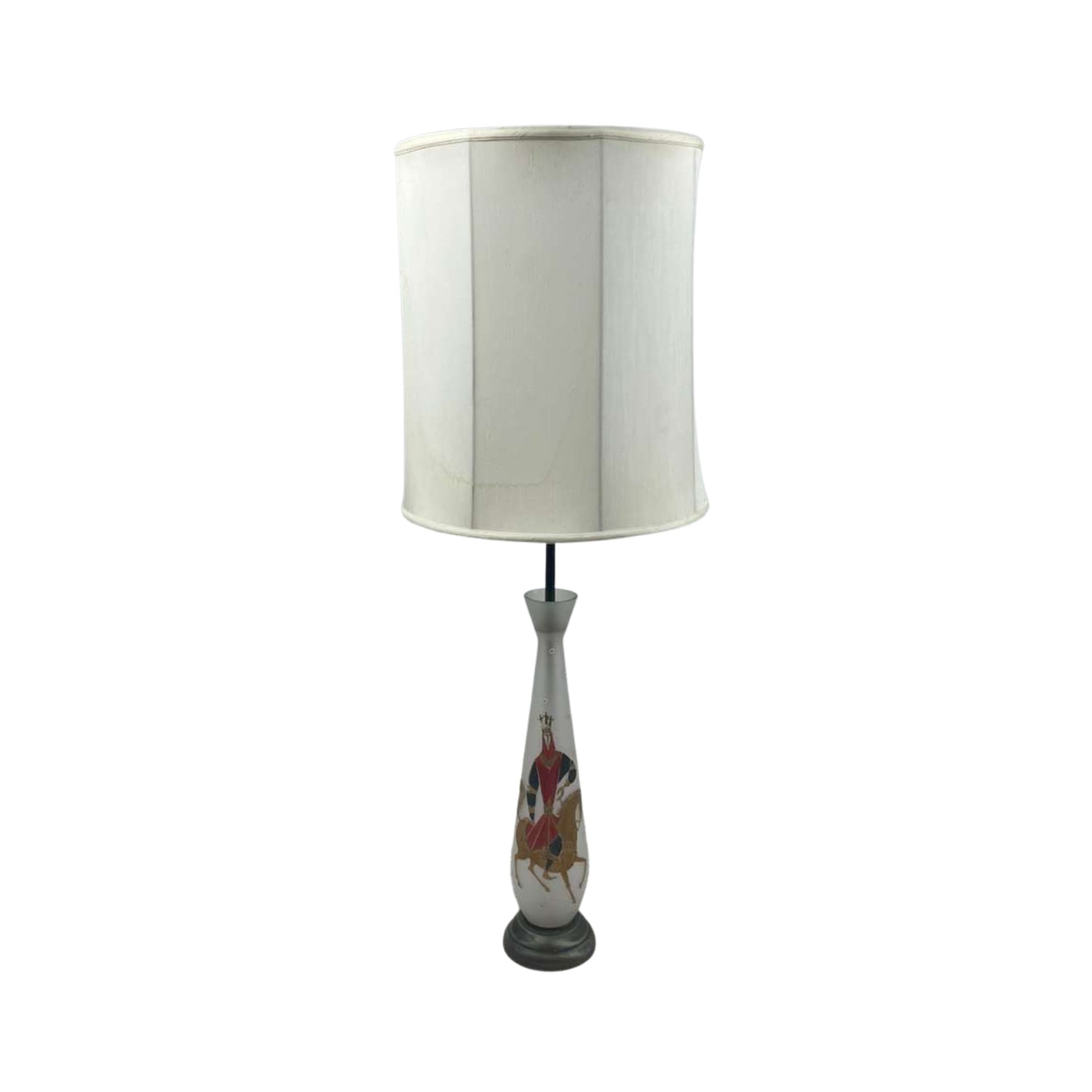 View of a table lamp with a design printed of a knight on horseback on a white background