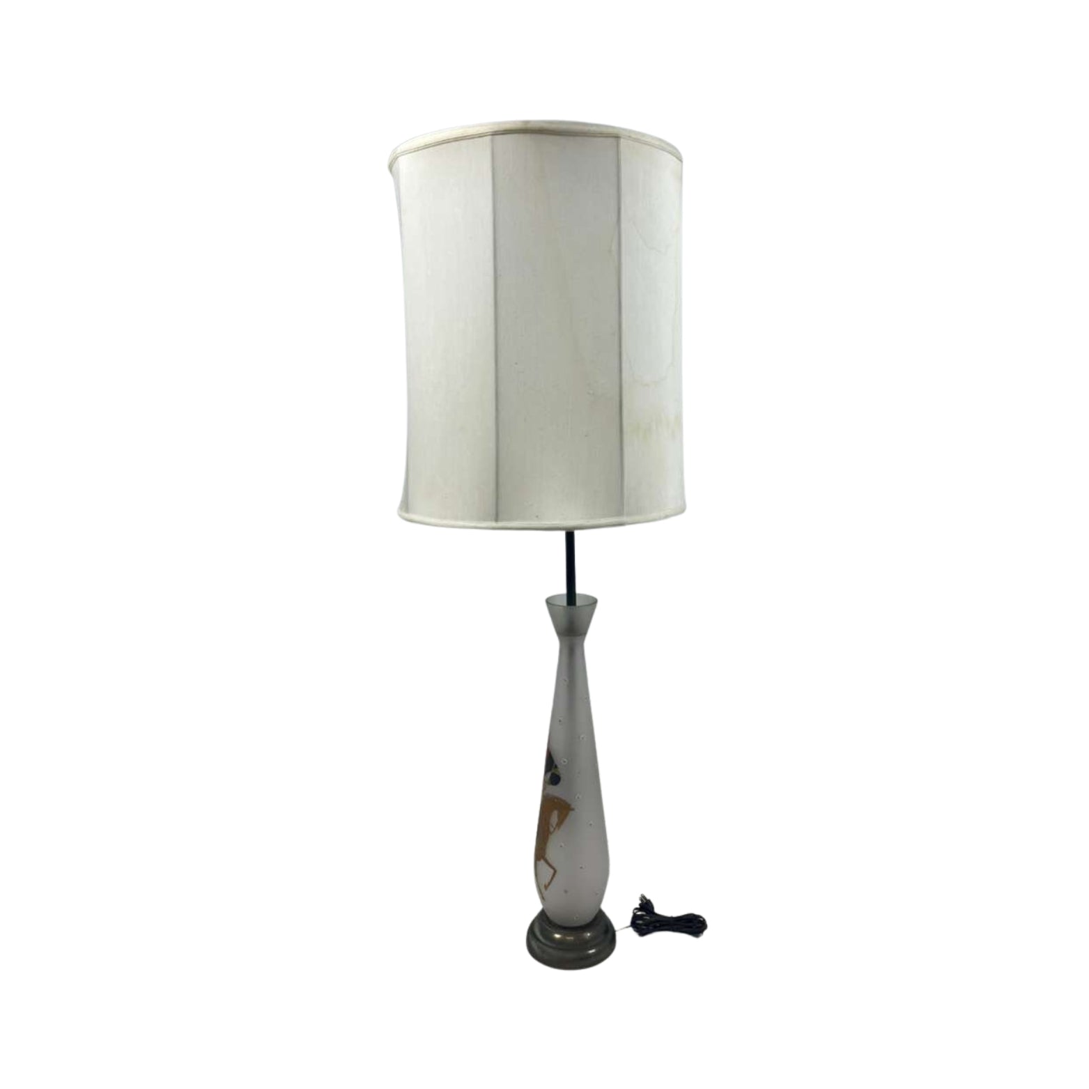 Side view of a table lamp with a printed design of a gentleman on horseback on a white background