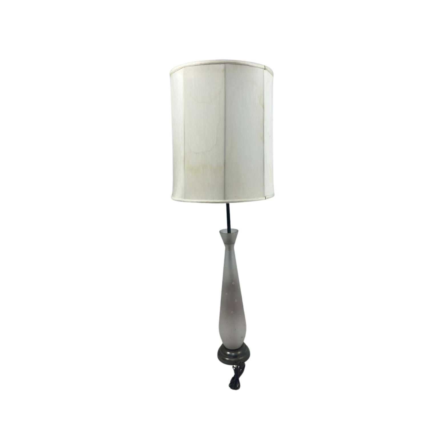 Back view of a table lamp with a printed design of a gentleman on horseback on a white background