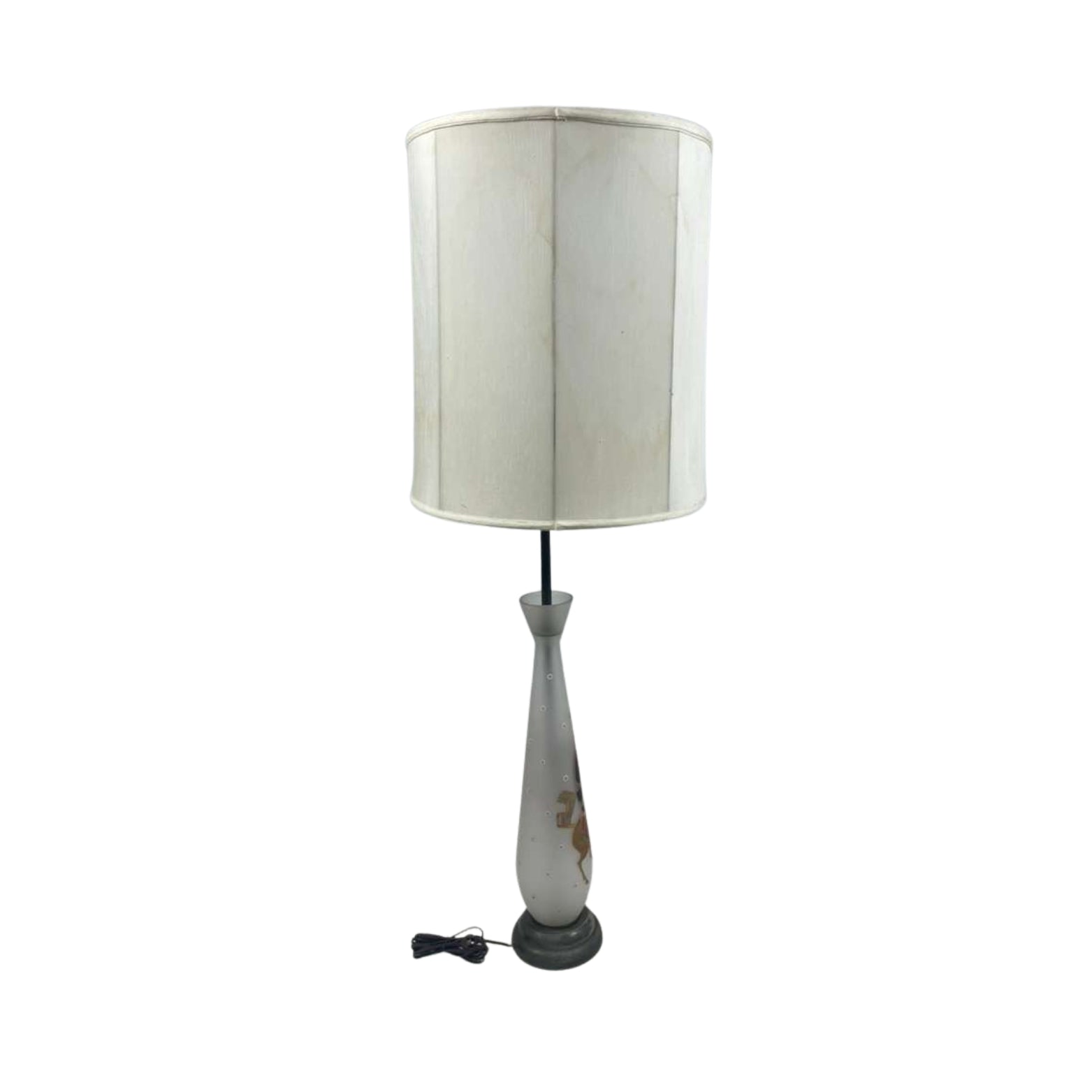 Side view of a table lamp with a printed design of a gentleman on horseback on a white background