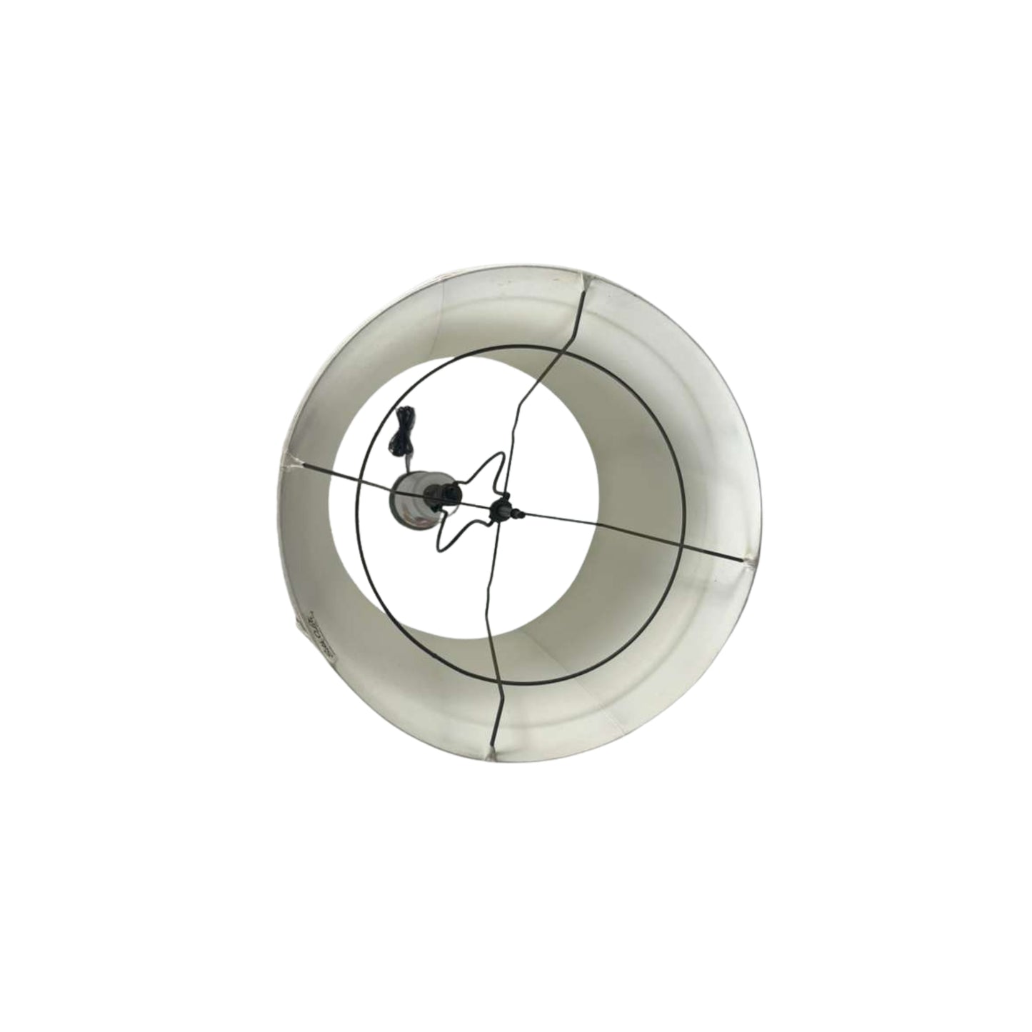 Top view of a table lamp with a printed design of a gentleman on horseback on a white background