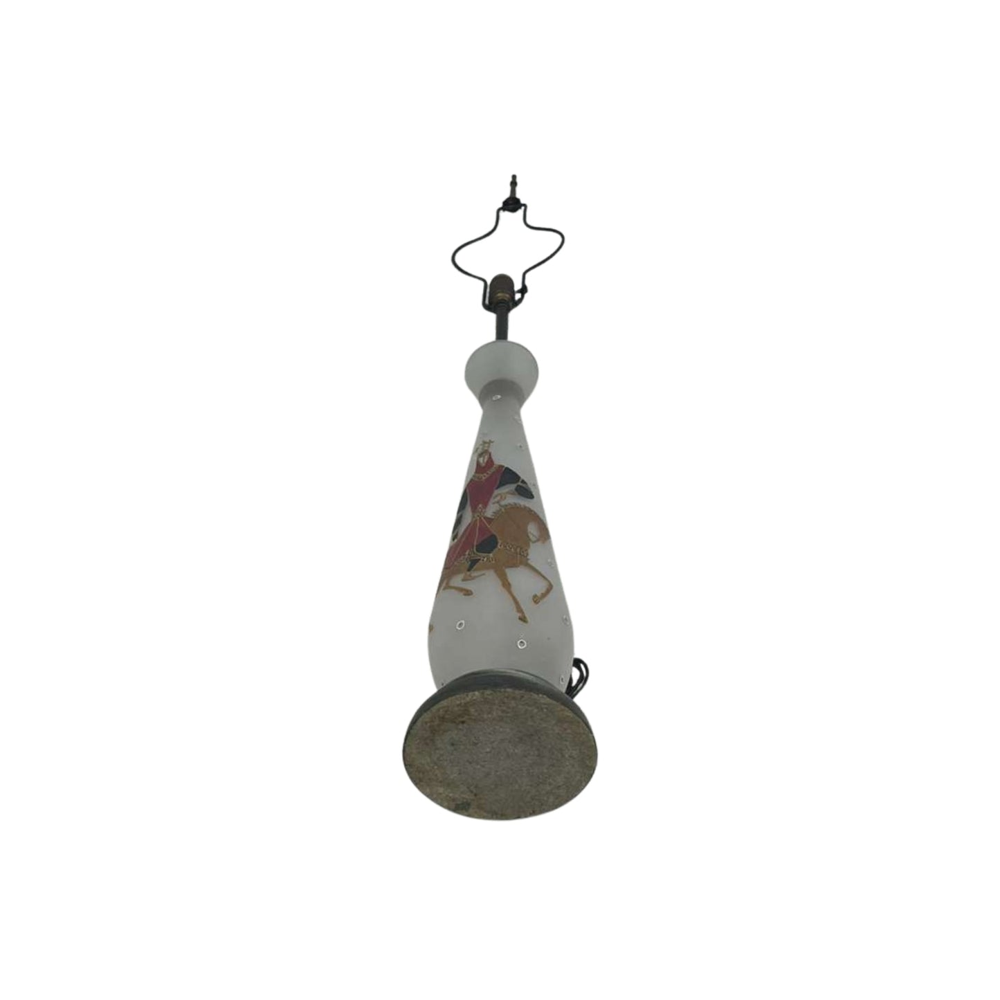 Bottom view of a table lamp with a printed design of a gentleman on horseback on a white background