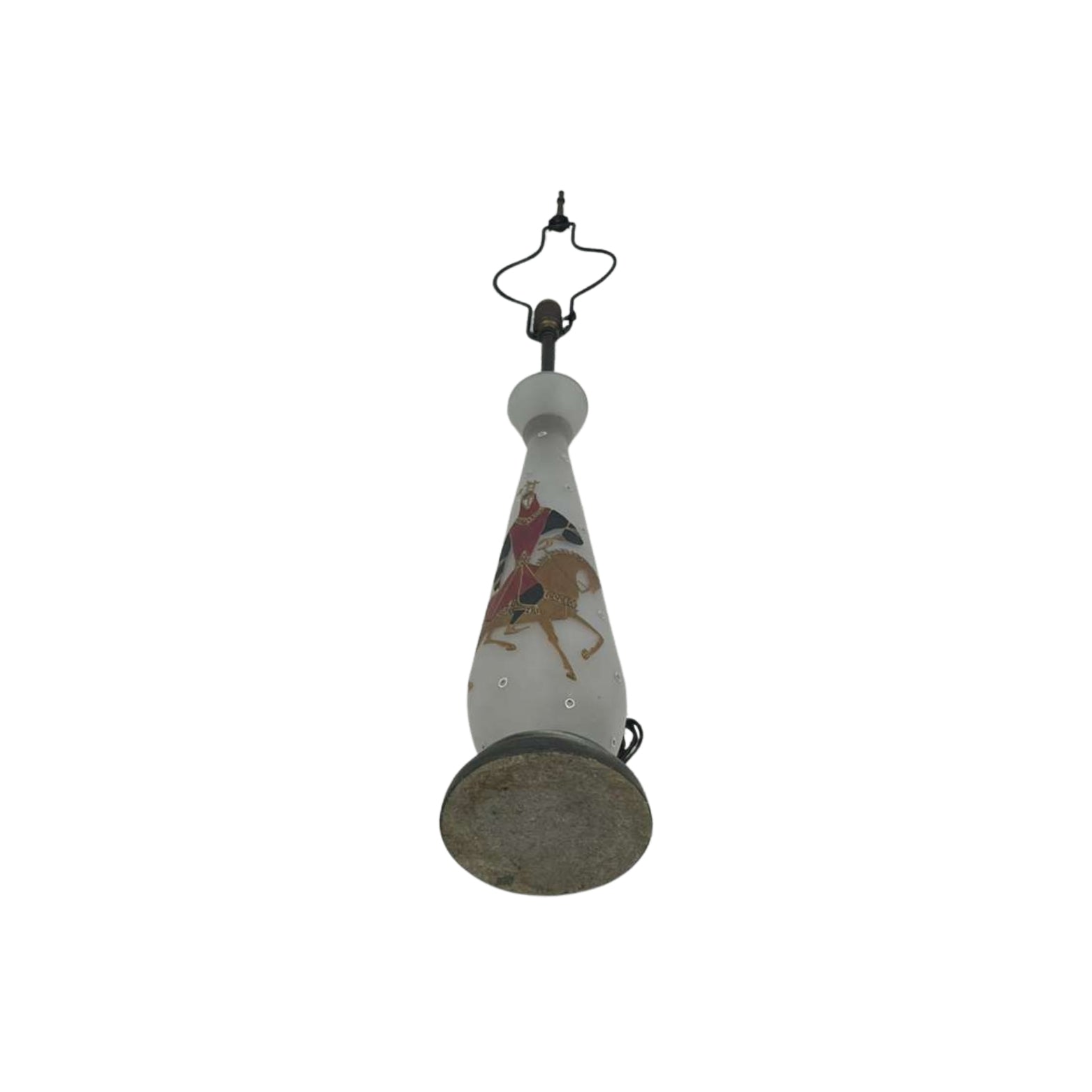 Bottom view of a table lamp with a printed design of a gentleman on horseback on a white background
