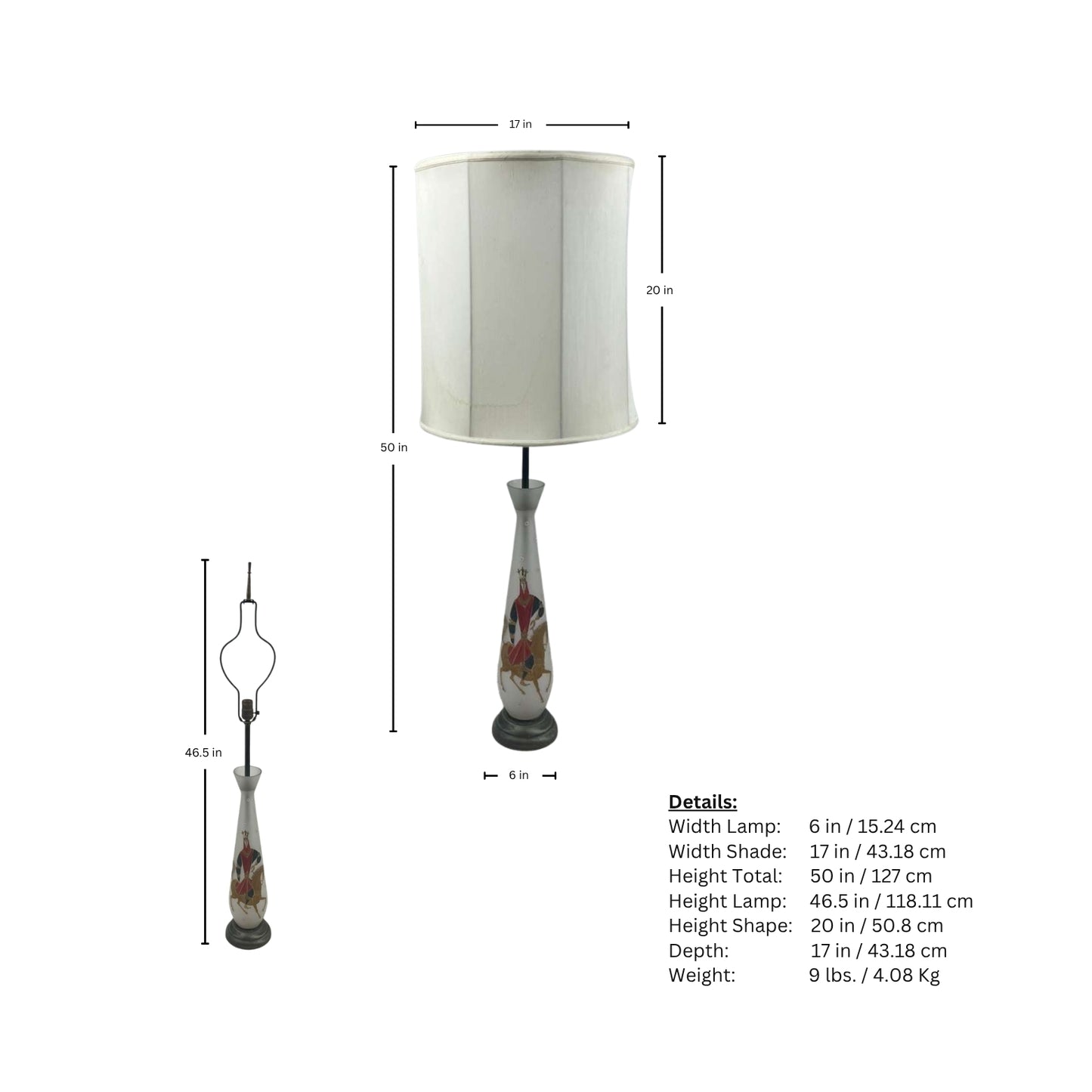 Page of table lamp measurements with a design printed of a gentleman on horseback on a white background