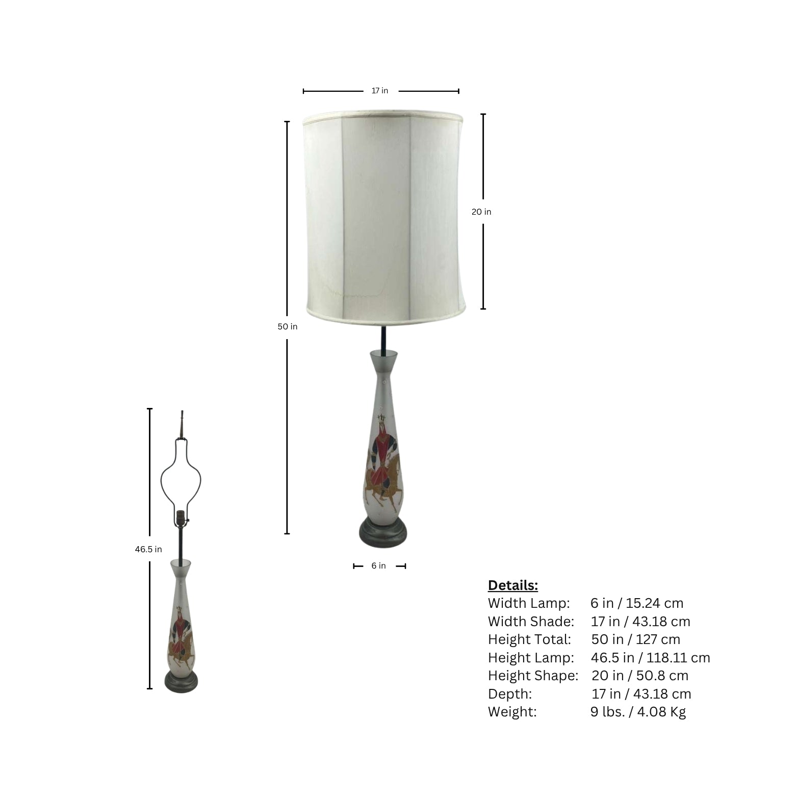 Page of table lamp measurements with a design printed of a gentleman on horseback on a white background